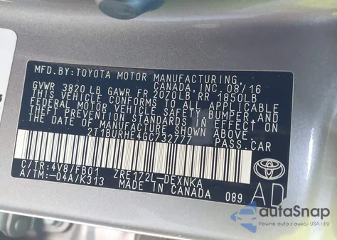 2016 Toyota Corolla Le z USA, uszkodzony, nr VIN 2T1BURHE4GC732777